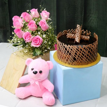 10 Pink Roses with Half Kg Chocolate Truffle Cake and 6 inches Teddy