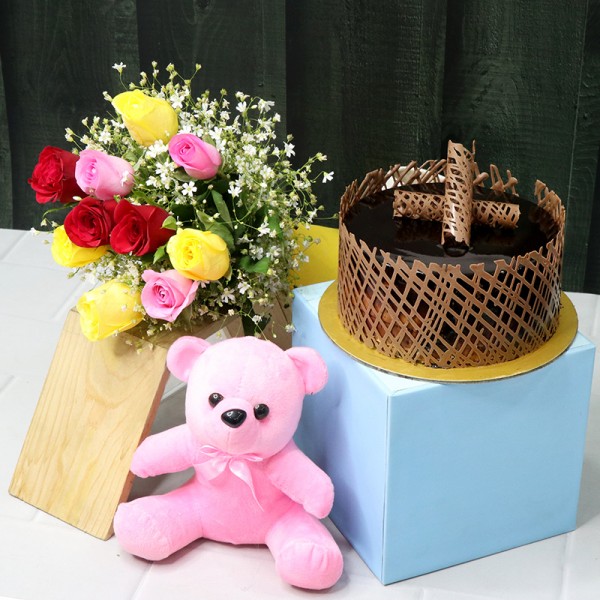 10 Mix Roses with Half Kg Chocolate Truffle Cake and 6 inches Teddy