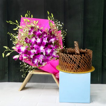 6 Purple Orchids with Half Kg Truffle Cake and Paper Packing
