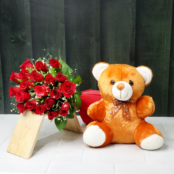 20 Red Roses with Teddy Bear (12 inches)