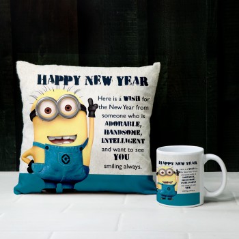Happy New Year Minion Printed Mug and Cushion