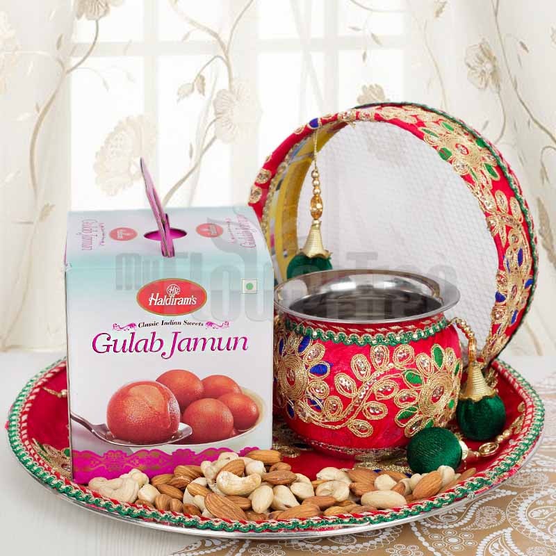Karwa Chauth Pooja Thali Set with Gulab Jamun and Dryfruit