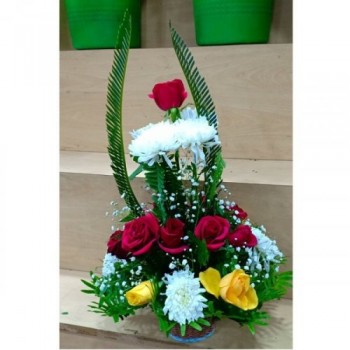 Mix Color Roses With White Godawari in Basket