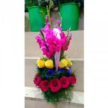 Pink Gladious With Mix Roses Beautifully Decorated in Basket