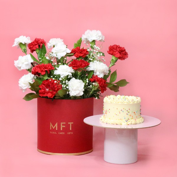 Elegant Carnation Box N Mini Vanilla Cake