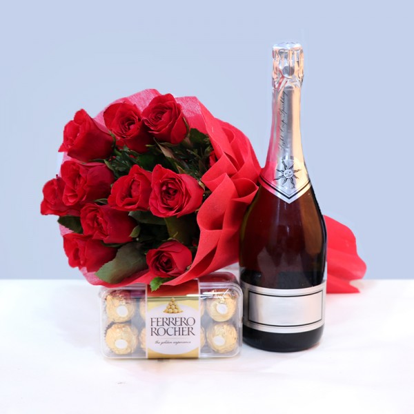 12 Red Roses with A Bottle of Wine and A box of 16 pcs of Ferrero Rocher Chocolates