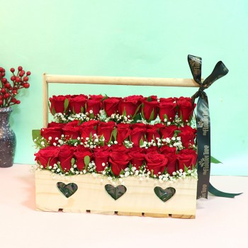Graceful Red Rose Wooden Tray