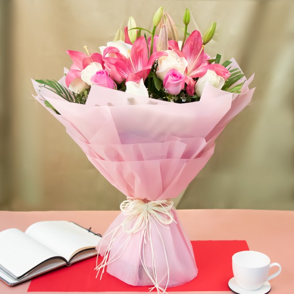 12 White Roses and 12 Pink Roses and 2 Stems of Asiatic Pink Lilies Bouquet