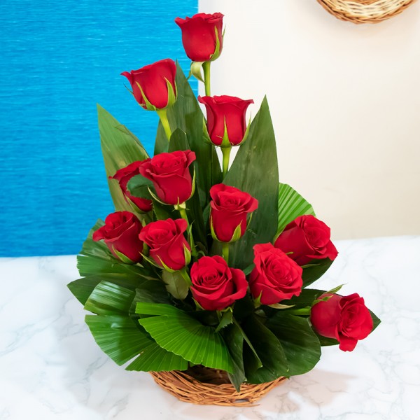 12 Red Roses in a Basket