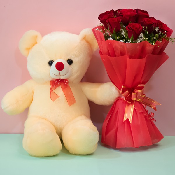 1 Teddy Bear (18 inches) with 12 Red Roses 