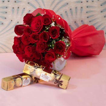 20 Red Roses wrapped in crape paper with 16 Pcs Ferrero Rocher
