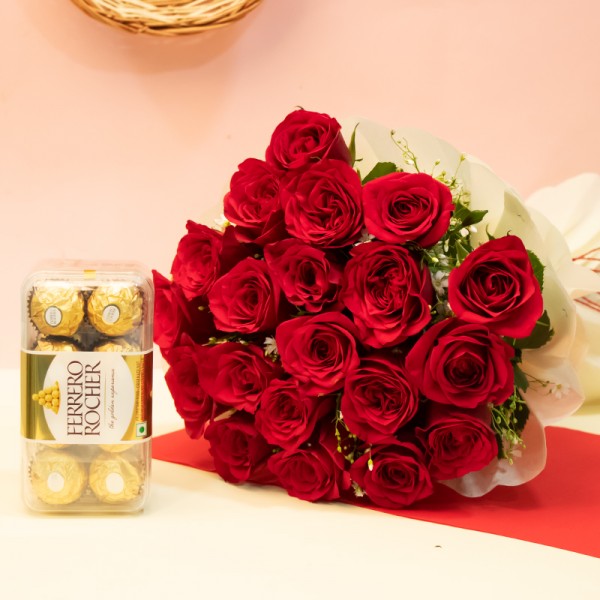 Arrangement of 20 Red Roses and 16 pcs Ferrero Rocher