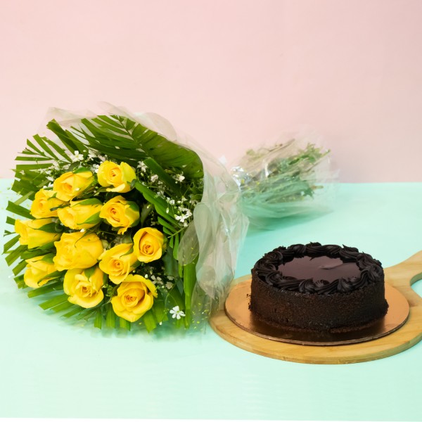 12 Yellow Roses wrapped in Cellophane with Half Kg Chocolate Truffle Cake