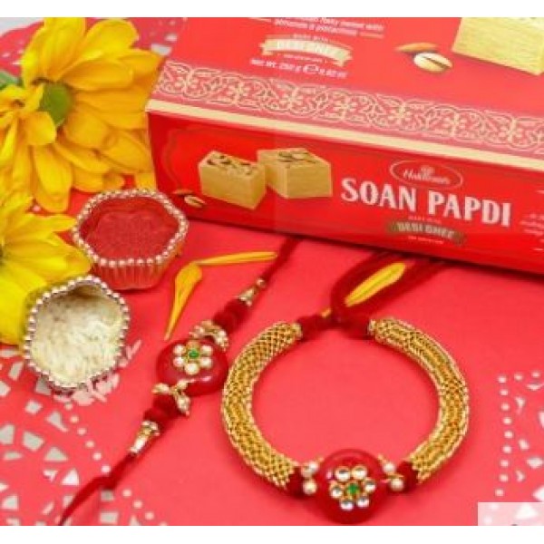 Golden Bhaiya Bhabhi Rakhi With Soan Papdi