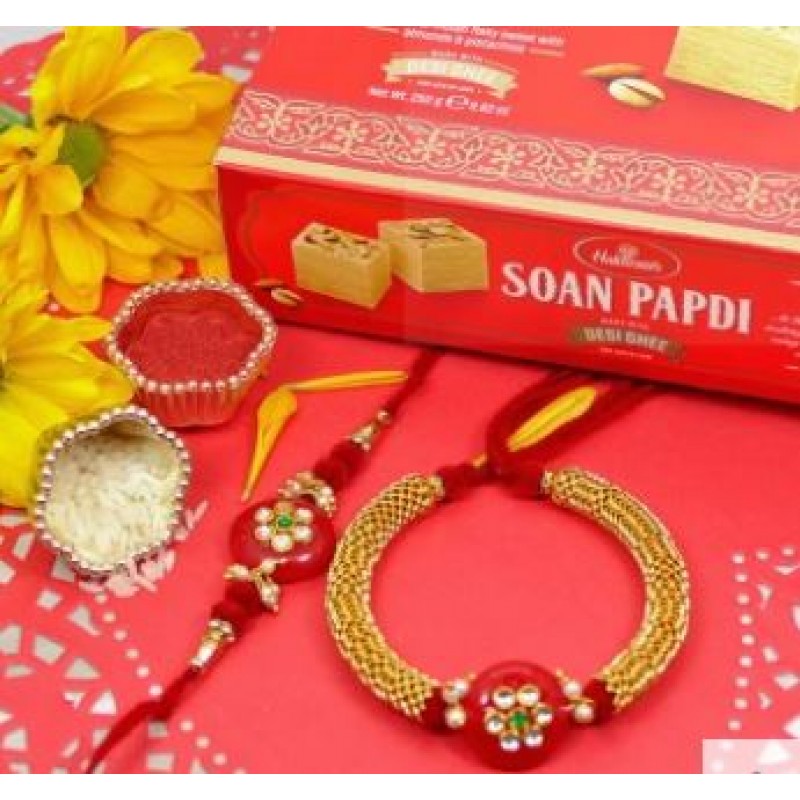 Golden Bhaiya Bhabhi Rakhi With Soan Papdi
