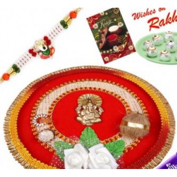 Red Ganesh Rakhi Pooja Thali With 1 Bhaiya Rakhi