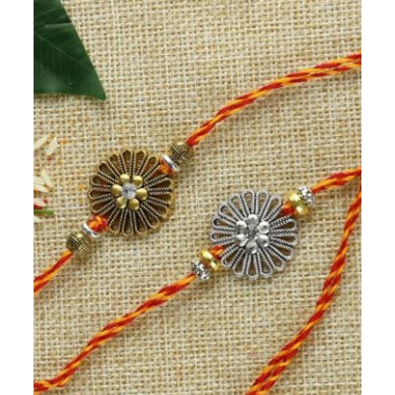 Golden And Silver Sunflower Mauli Rakhi Set Of Two