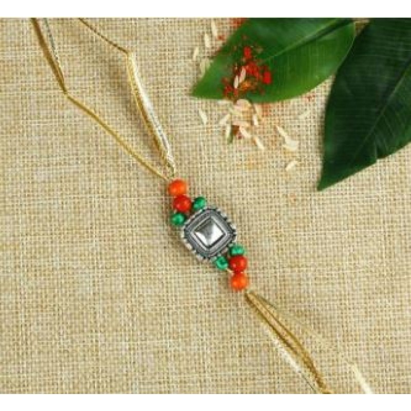 Silver Square And Colorful Beads Rakhi