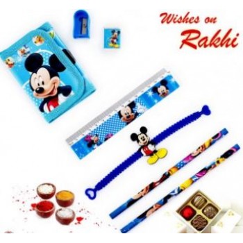 Blue Mickey Mouse Pouch Box And Rakhi Kids Hamper