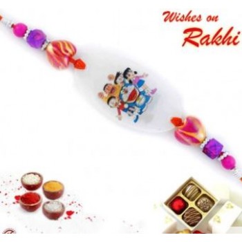 Pink And Purple Beads Doremon Family Motif Kids Rakhi