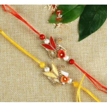 Red And Yellow Fabric Rakhi Set Of Two