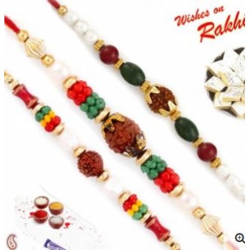 Set Of 3 Coloured Beads Rudraksh Rakhi Set