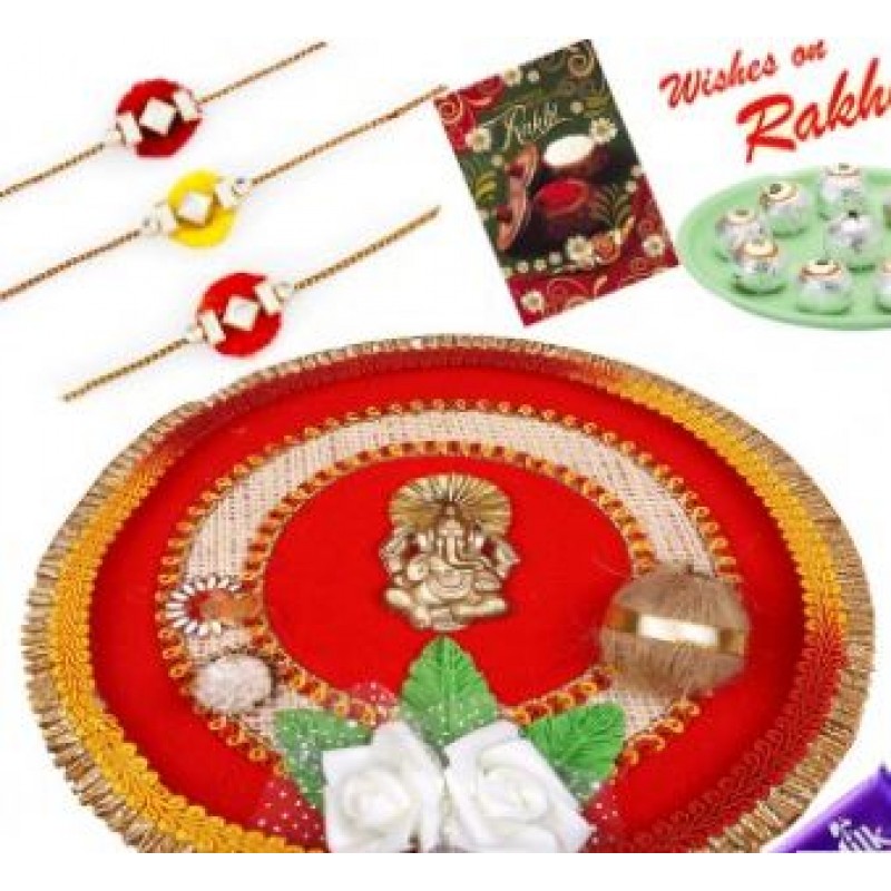 Red Ganesh Rakhi Pooja Thali With 3 Rakhis