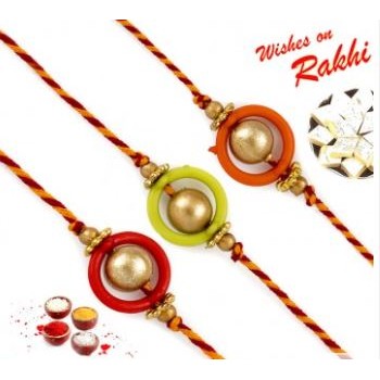 Set Of 3 Mauli Rakhi With Golden Beads
