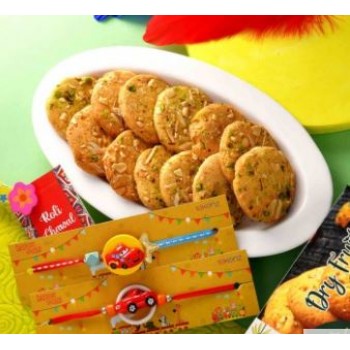 Set Of 2 Cartoon Cars Rakhi With Dry Fruit Cookies