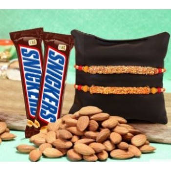 Set Of 2 Special Rakhi With Snickers Chocolate And Almonds