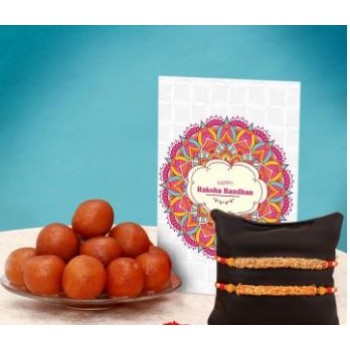 Set Of 2 Designer Rakhi With Gulab Jamun And Rakhi Card