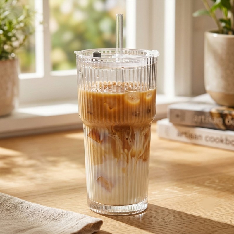Coffee Glass Mug Sipper with Straw and Lid