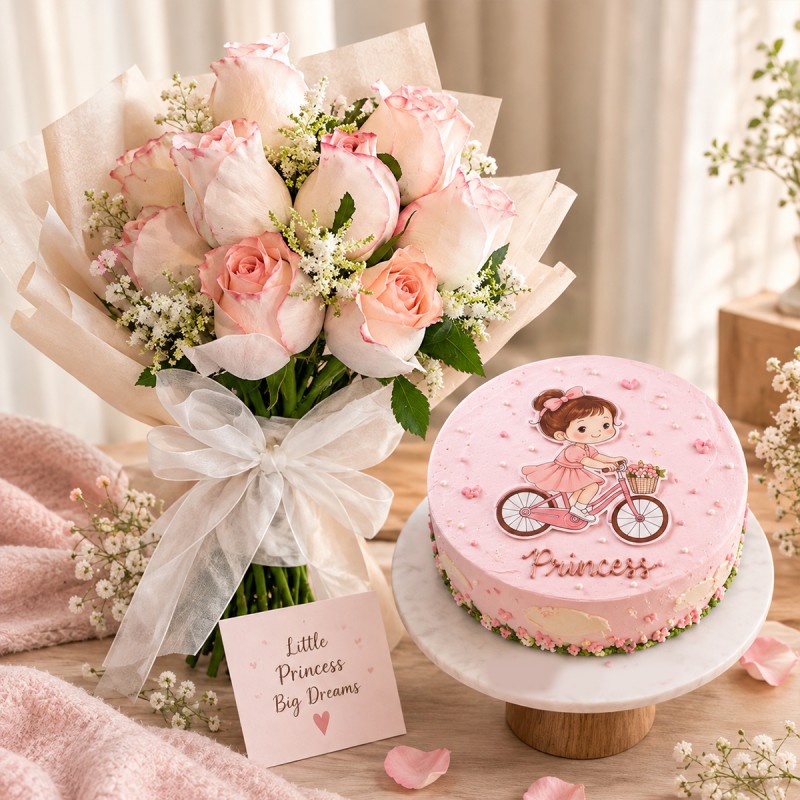 Pink Roses with Cake for Her