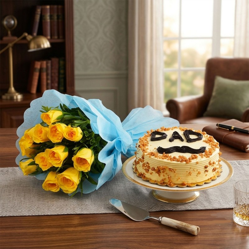 12 Yellow Roses Bouquet with Half Kg Butterscotch Cake for Father