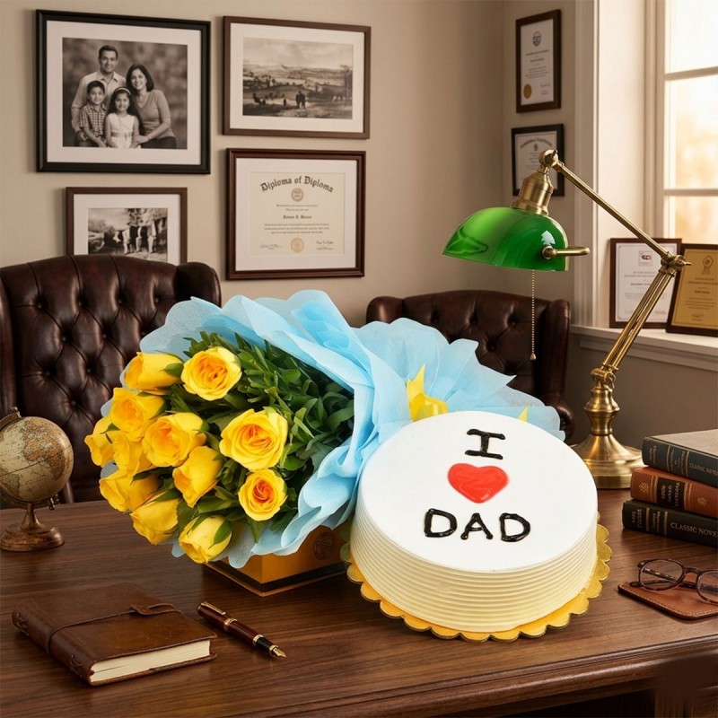12 Yellow Roses Bouquet with Half Kg Pineapple Cake for Father