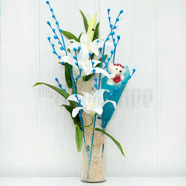 3 Artificial White Asiatic Lilies with 3 Inches Teddy in A Glass Vase