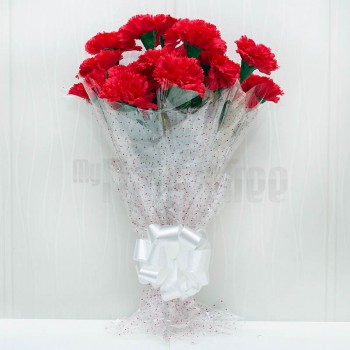 12 Artificial Red Carnations wrapped in cellophane