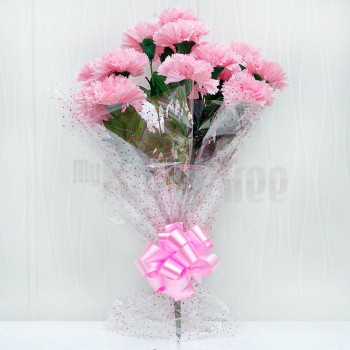 12 Artificial Pink Carnations wrapped in cellophane