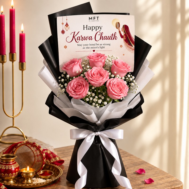 Pink Roses Bouquet for Karwa Chauth