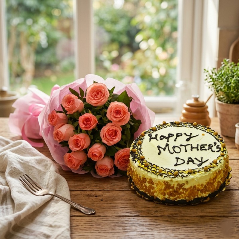 12 Pink Roses Bouquet with Half Kg Butterscotch Cake for Mothers Day