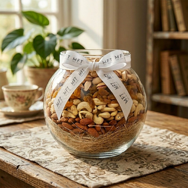 A Round Glass Vase containing Almonds (250 gms), Raisin (250 gms), Cashews Nuts (250 gms), Pista (250 gms)