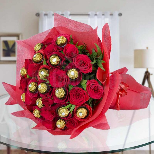 Designer Bouquet of 10 Red Roses with 16 Pcs Ferrero Rocher wrapped in red special paper