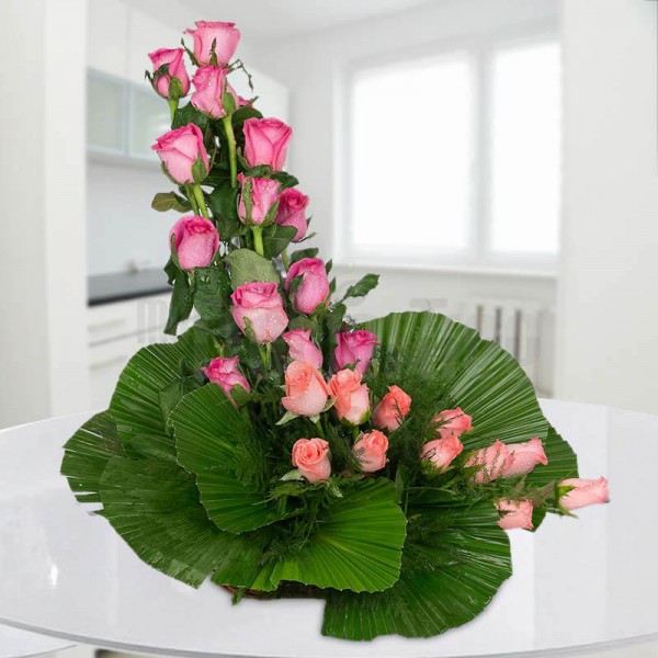 Floral Basket arrangement of 12 Orange Roses and 12 Pink Roses