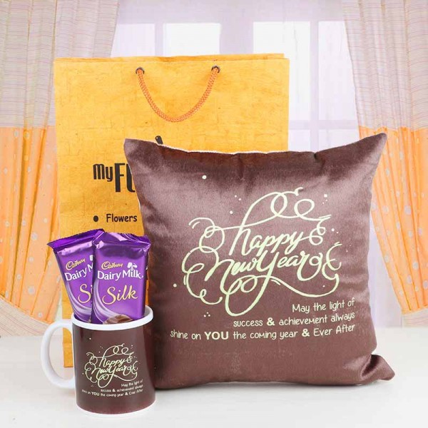 New Year Cushion with Mug and Chocolates