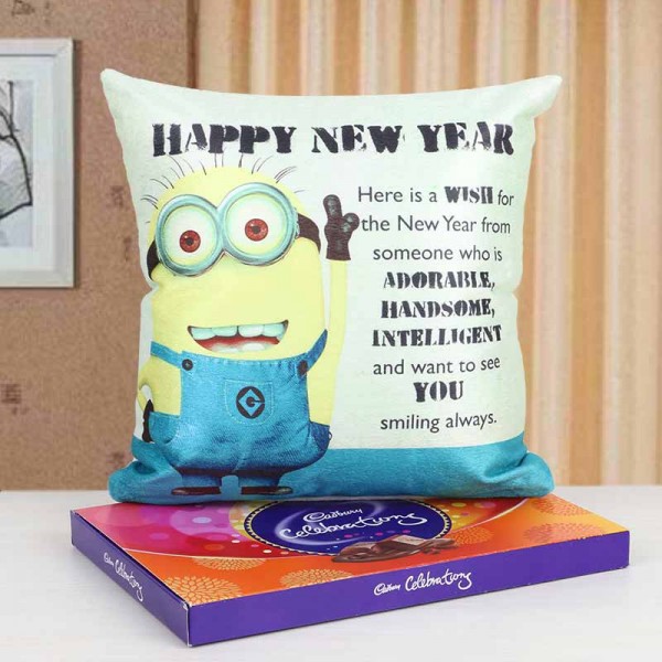 Minion New Year Cushion with Cadbury Celebration