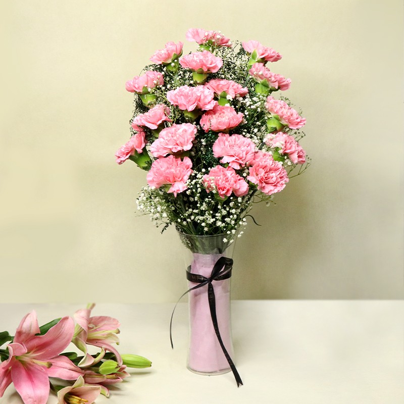 20 Pink Carnations In A Black Cylindrical Vase