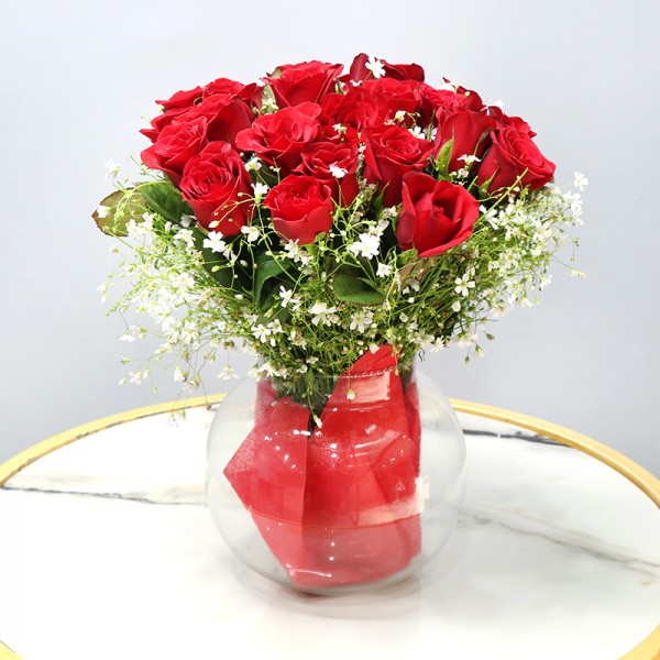 24 Red Roses surrounded by white gypsy in a Glass Vase