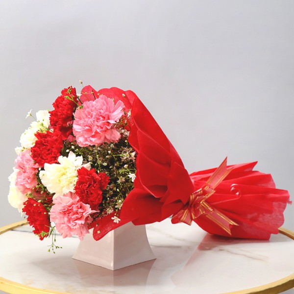 10 Assorted Carnations wrapped in a cellophane paper