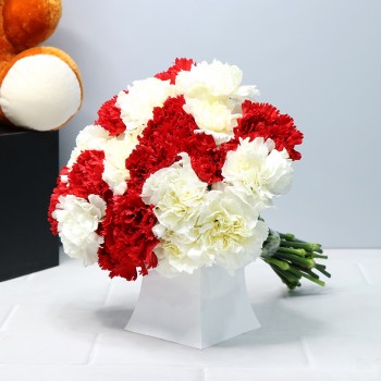 20 Red and White Carnations in a Glass Vase