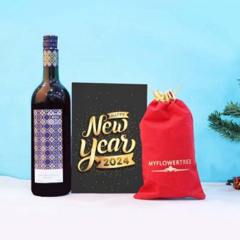 New Year Combo of Greeting Card, Wine and Dryfruit